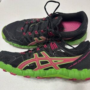 ASICS Women's GEL-Fuji trainer 2 trail running shoe in black, pink and green.